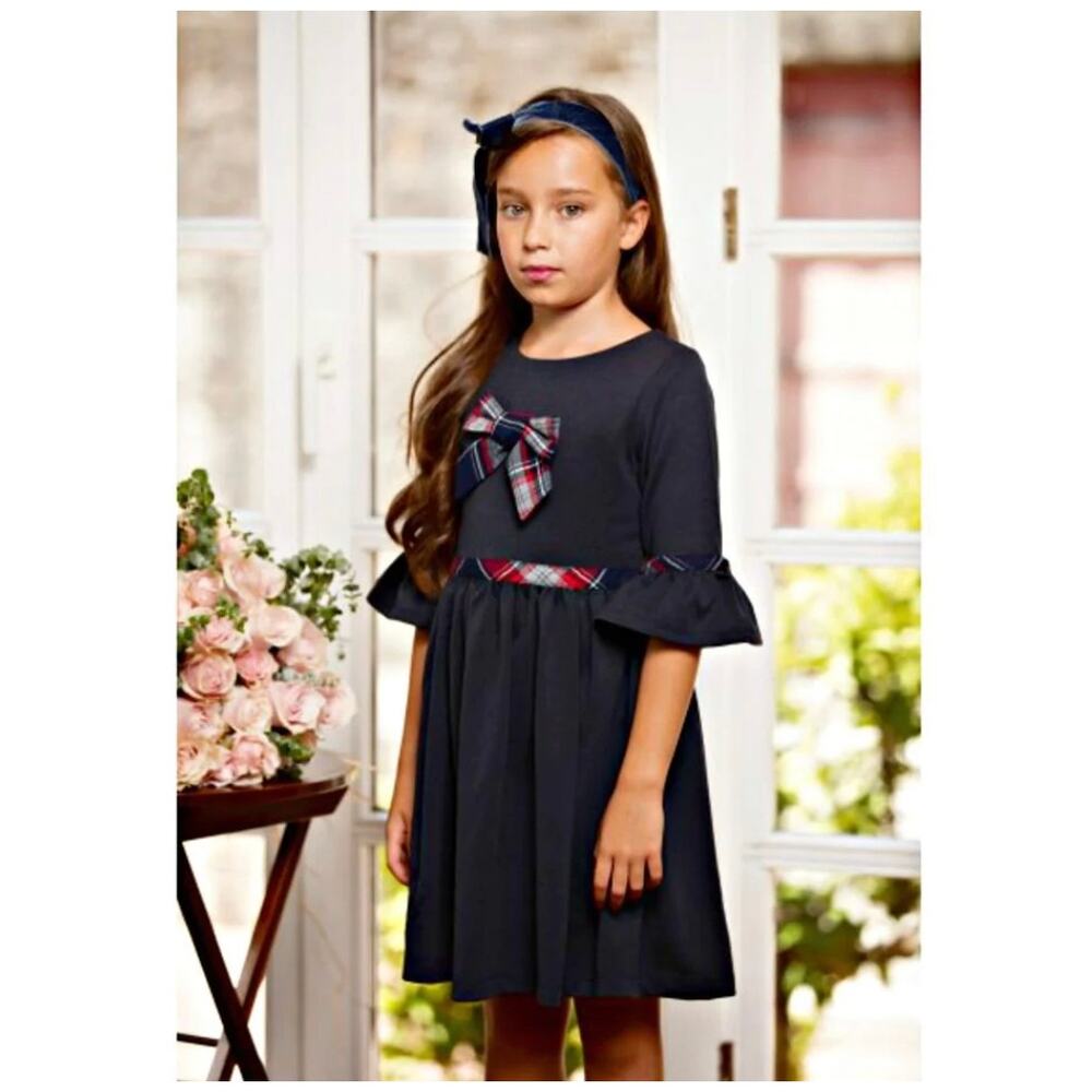 Patachou girls navy holiday dress with plaid bow NWT size 12 - Picture 9 of 9